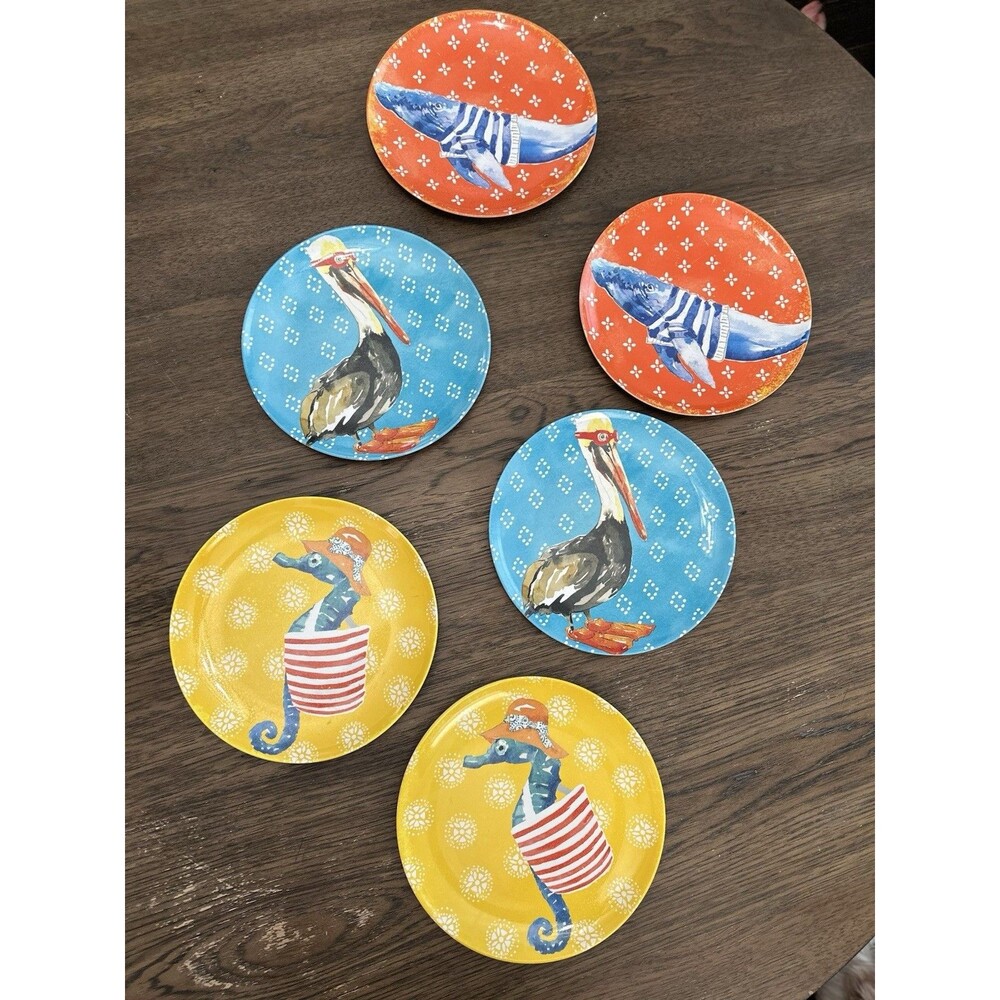 Pier 1 Imports Melamine Salad Plates Beach Theme Seahorse Pelican Whale Set Of 6
